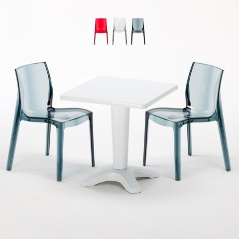 Mesa quadrada 70x70 cm e 2 cadeiras transparentes coloridas Caffe