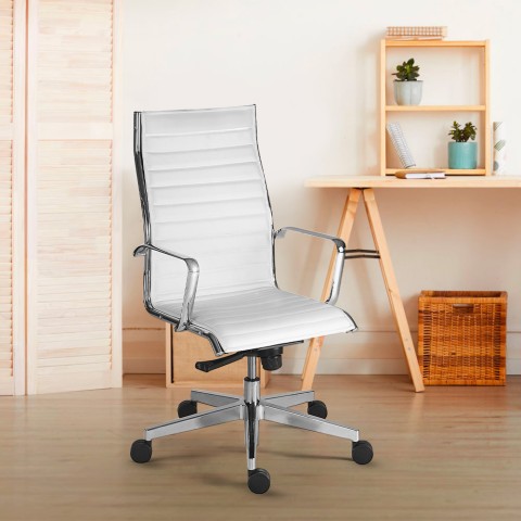 Cadeira escritório ergonómica design executivo branca pele sintética Stylo HWE Promoção