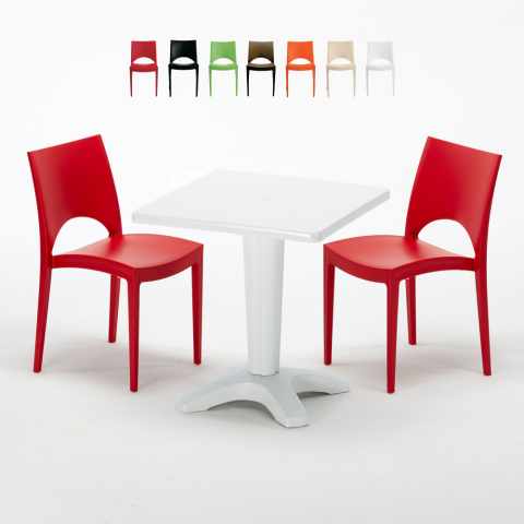 Mesa quadrada branca 70x70 cm com 2 cadeiras coloridas Paris Patio