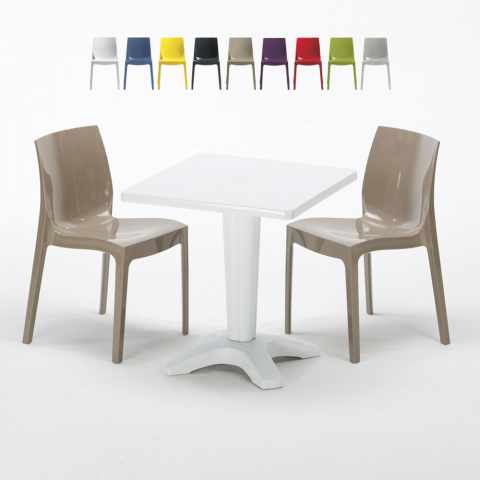 Mesa quadrada branca 70x70 cm com 2 cadeiras coloridas Ice Patio