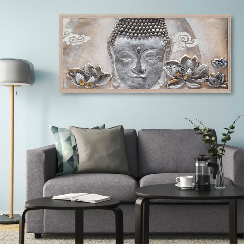 Quadro pintado à mão sobre tela Buda com moldura 65x150cm W218