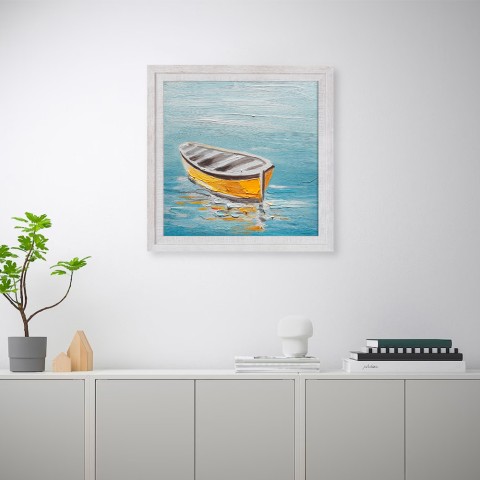 Imagem de barco de mar pintado à mão sobre tela 30x30cm com moldura W605