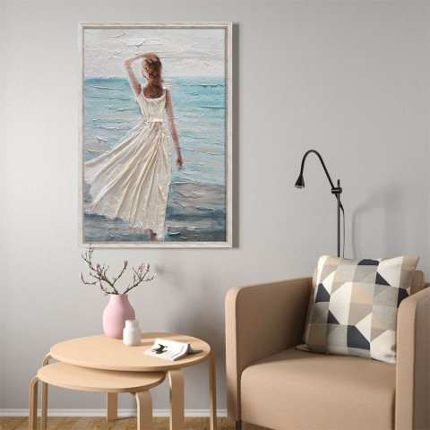 Retrato pintado à mão na praia de mulher de alívio de tela 60x90cm W713
