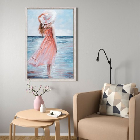 Retrato pintado à mão na praia de mulher de alívio de tela 60x90cm W714