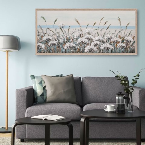 Quadro pintado à mão sobre tela campo de flores com moldura 65x150cm W717