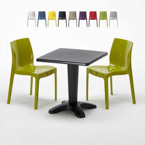 Mesa quadrada preta c/2 Cadeiras Moderna Empilhável Café Aia Promoção