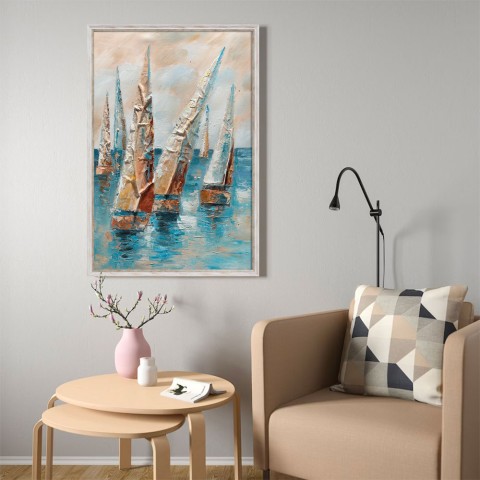 Barcos à vela pintados à mão em tela 60x90cm com moldura Z432