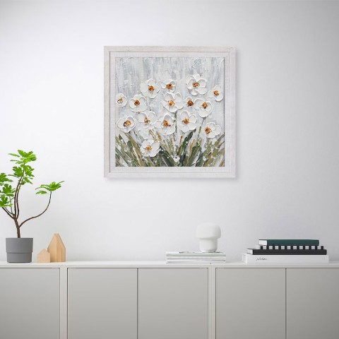 Quadro Pintura à Mão Flores Brancas com Moldura 30x30cm, Z501 Promoção