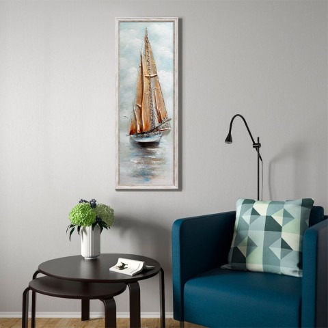 Imagem de veleiro pintada à mão sobre tela 30x90cm com moldura Z421