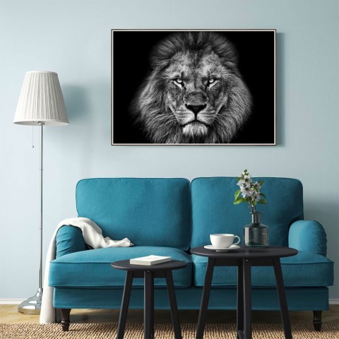 Moldura preta e branca com impressão de fotografia de leão 70x100cm Unika 0028