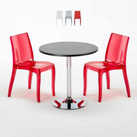 Mesa Redonda de Café Preta c/2 Cadeiras Transparentes Sala 70x70 Gold Promoção