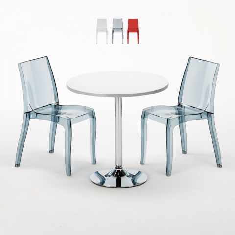Mesa redonda branca 70x70 cm 2 cadeiras transparentes Cristal Light Silver