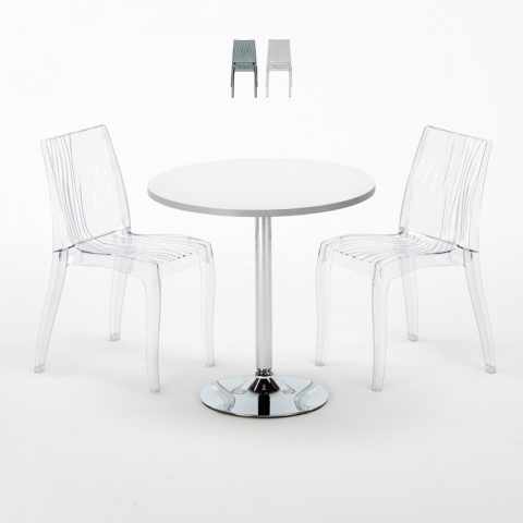 Mesa redonda branca 70x70 cm 2 cadeiras transparentes Dune Silver