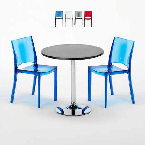 Mesa Redonda de Café Preta 70x70 cm 2 Cadeiras Transparentes B-Side Ghost