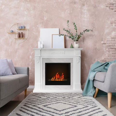 Lareira de chão a bioetanol com moldura efeito mármore branco Truman