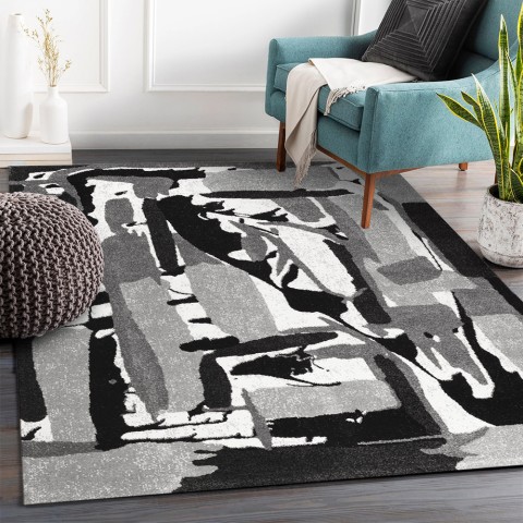 Tapete rectangular moderno preto branco cinzento padrão abstracto GRI227 Promoção