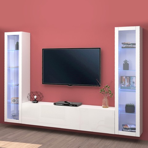 Sistema de parede suspensa armário de TV de sala branca 2 vitrinas Liv WH Promoção