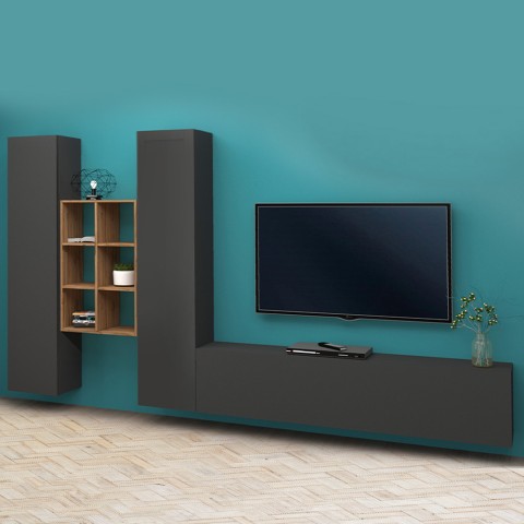 Parede de armazenamento de TV moderna 2 armários 6 compartimentos Estante de madeira Manny RT Promoção