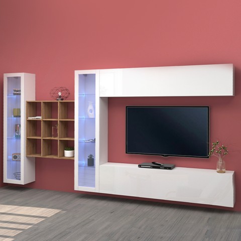 Unidade de parede TV branco 2 armários de exposição 9 prateleiras Eron WH Promoção