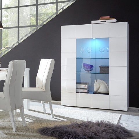 Vitrina 2 portas vidro branco brilhante moderno sala de estar 121x166cm Murano Wh Promoção