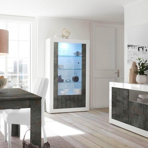 Vitrina de design 2 portas 110x191cm sala de estar branco brilhante Dern BX preto Promoção