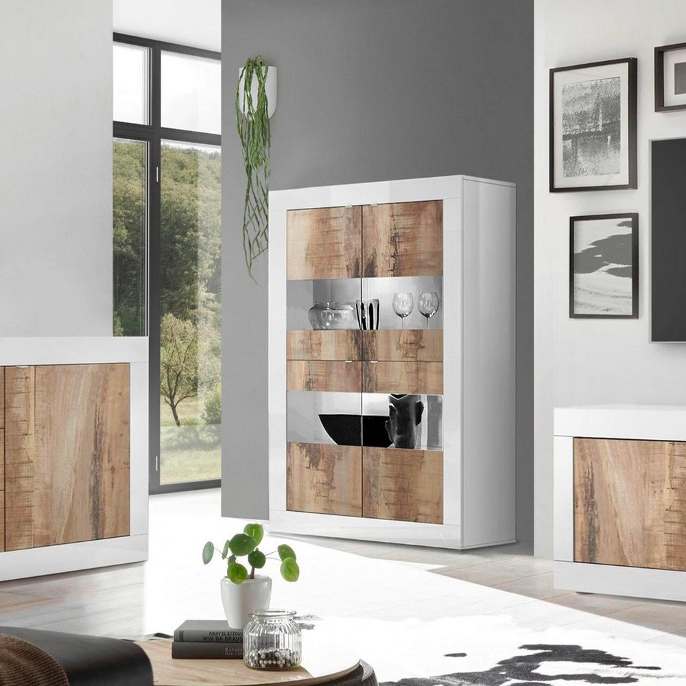 Vitrina Móvel Sala de Estar Madeira Vidro Moderno Brilhante Tina BW Basic