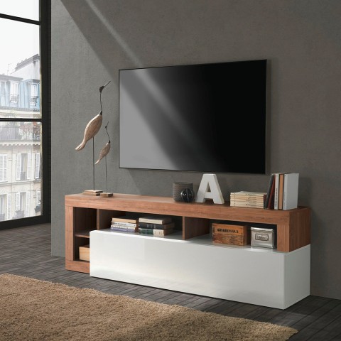 Móvel de TV portátil de sala moderna em madeira, com anta branca brilhante - Dorian MR Promoção