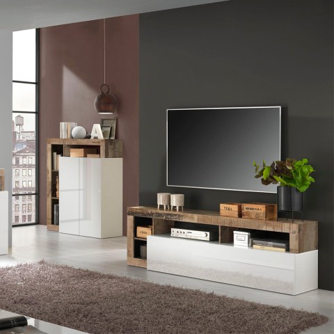 Móvel sala de estar para TV em madeira com porta giratória branca lucida Dorian BP Promoção
