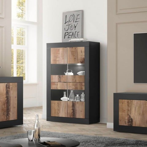 Vitrine para sala de estar de 4 portas em madeira industrial preta e vidro, modelo Tina NP Basic. Promoção