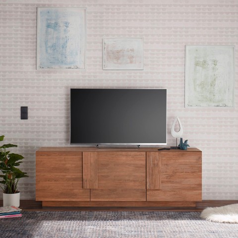 Móvel de sala de estar moderno com suporte para TV, base e 3 portas em madeira - Jupiter MR T2. Promoção