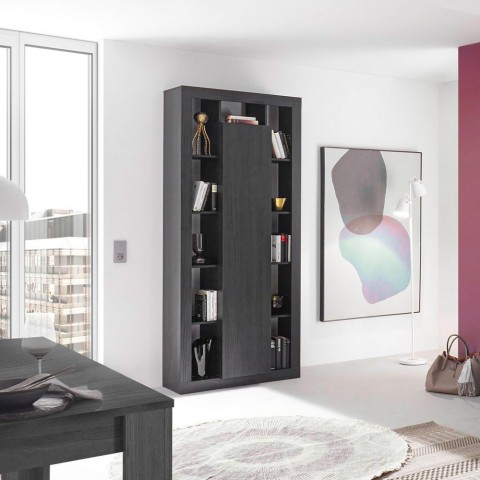 Estante de coluna moderna preta em madeira com 217cm de altura e porta central Jote NR. Promoção