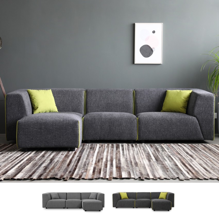 Sofá de 3 lugares modular com pouf em tecido, estilo moderno - Jantra à venda