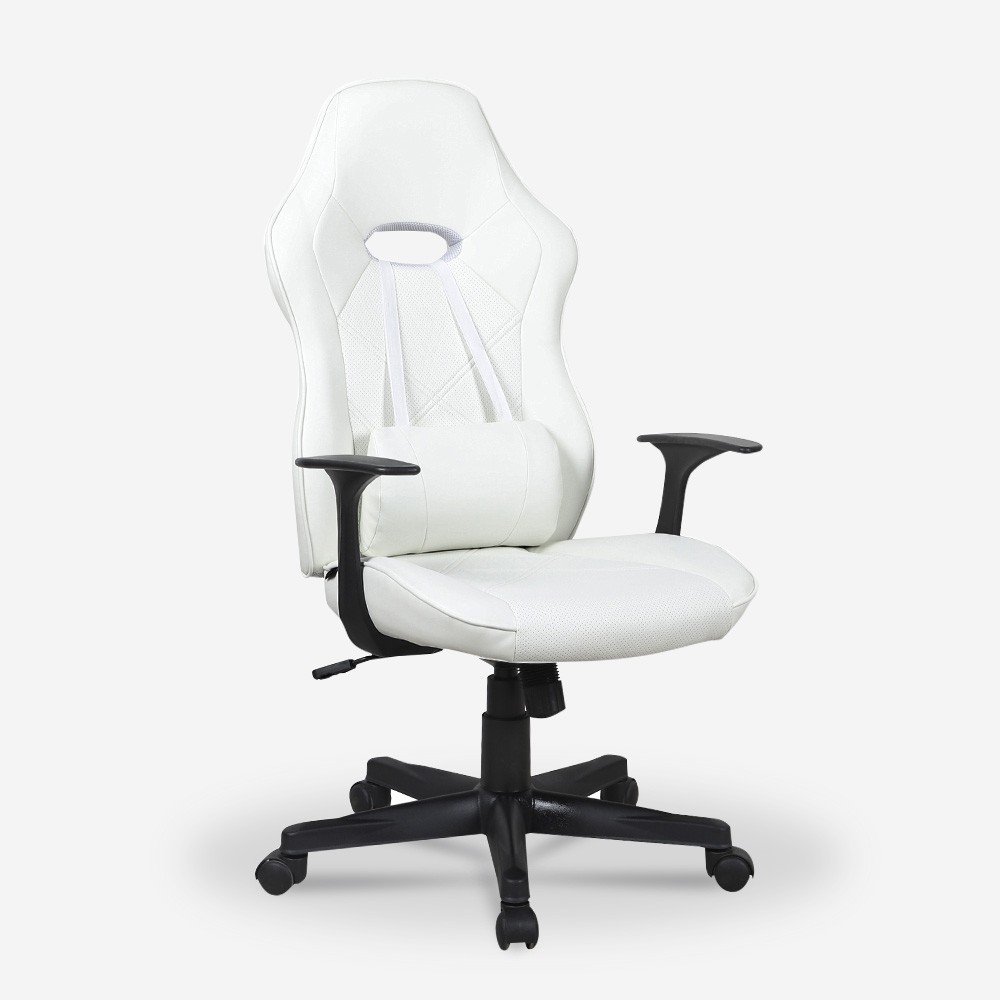 Cadeira de gaming escritório ergonómica com almofada lombar branca Estoril Light
