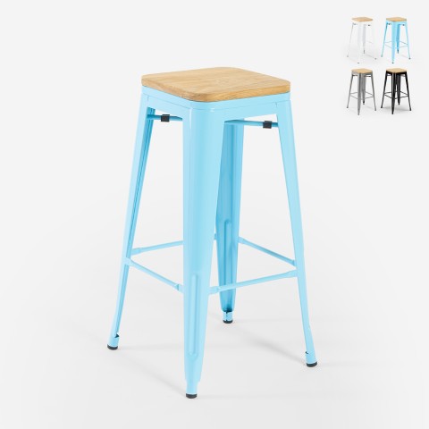 Banco alto bar cozinha Tolix industrial h78cm tampo madeira Steel Up Wood Promoção