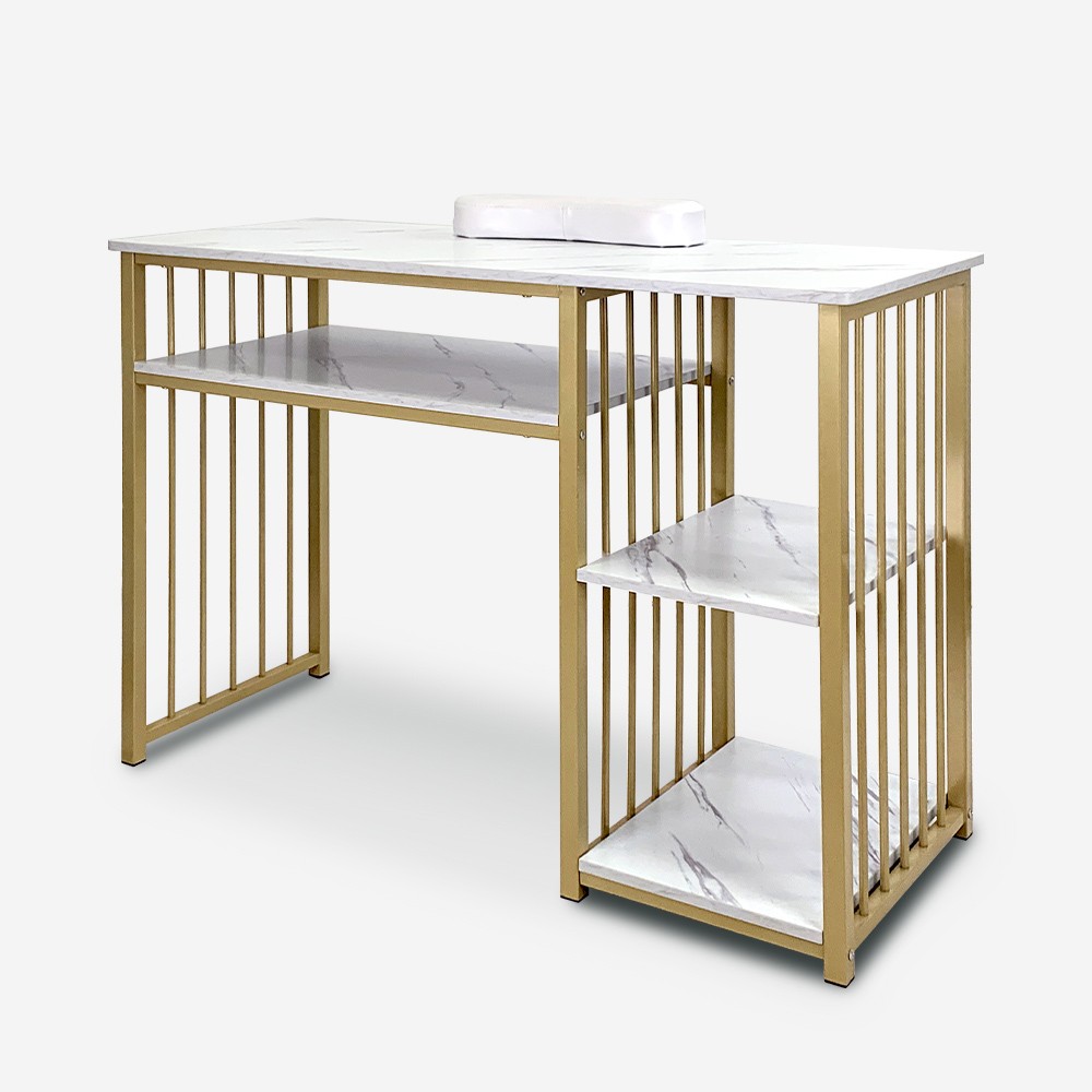 Mesa de Manicure Esteticista em Metal Dourado com Efeito de Mármore 110x43x81cm Lipota