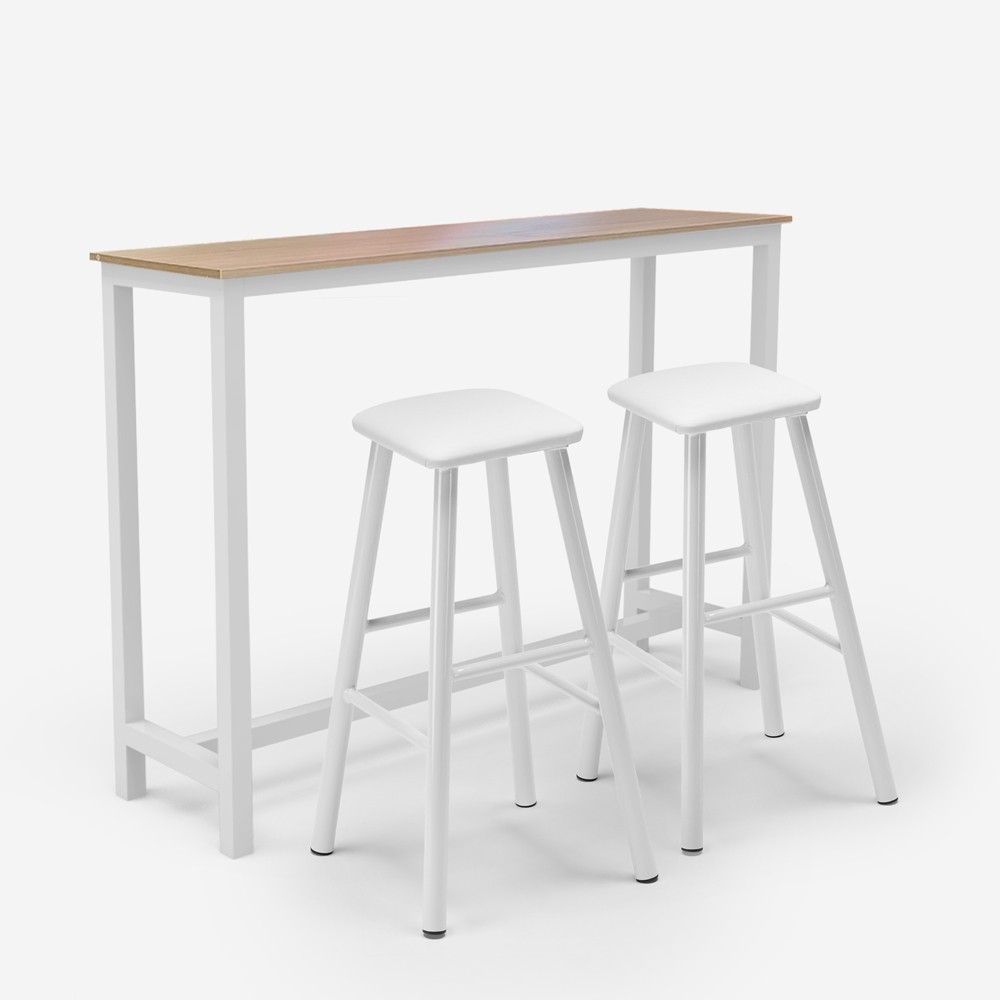 Conjunto de 2 Bancos e Mesa Alta Branca 140x40 Madeira Metal Quincy