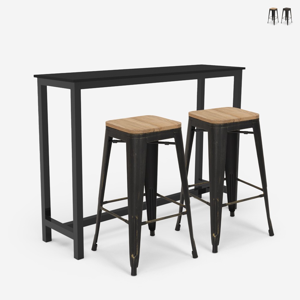 Conjunto Mesa Alta de Cozinha com 2 Bancos Madeira Metal Preto Seymour