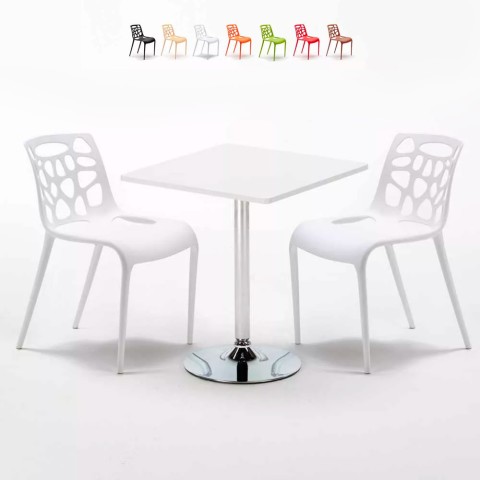 Mesa Quadrada Branca com 2 Cadeiras em Aço 70x70cm Gelateria Cocktail Promoção