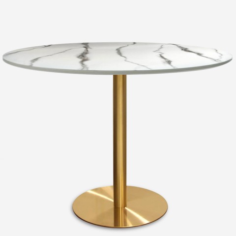 Mesa Redonda Estilo Goblet Moderna Elegante 120cm Efeito Mármore Dourada Monika+ Promoção