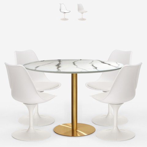 Conjunto Mesa com 4 Cadeiras Tulipan Branca Efeito Mármore 120cm Dourada Vixan+ Promoção