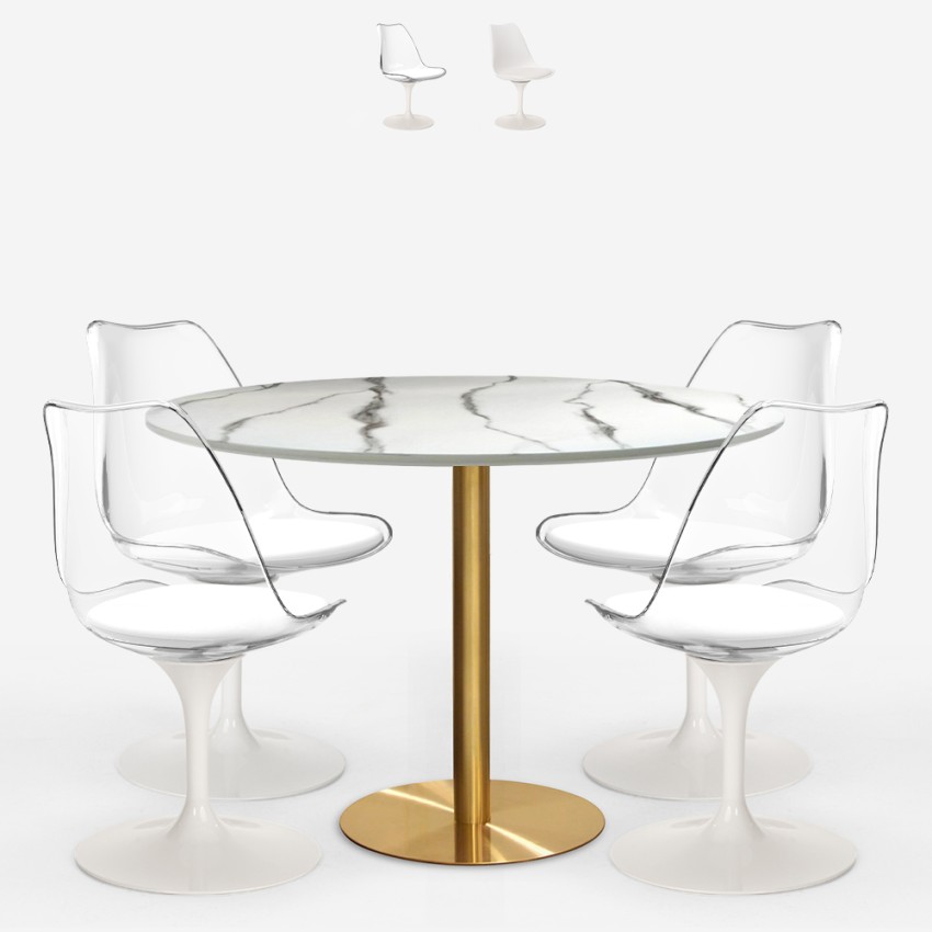 Conjunto Mesa com 4 Cadeiras Tulipan Branca Efeito Mármore 120cm Dourada Vixan+ Venda