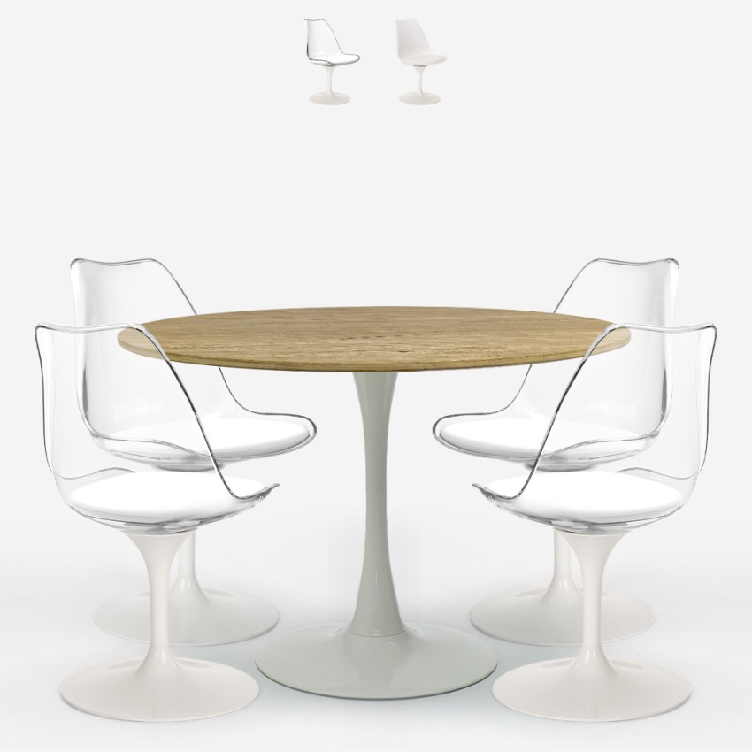Conjunto de 4 Cadeiras Brancas Transparentes e Mesa Tulipan Redonda de Madeira 120cm Meis+ Promoção
