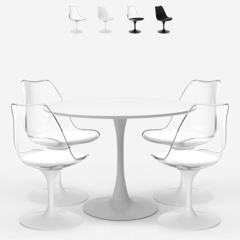 Conjunto 4 Cadeiras Branco Preto Transparente Mesa Tulipan Redonda 100cm Yallam Promoção