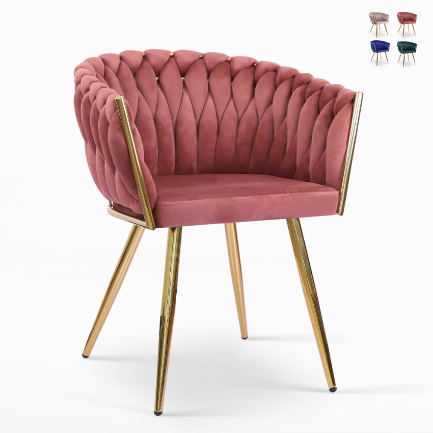 Poltrona design em veludo, cadeira com braços e pernas douradas Versailles Oferta