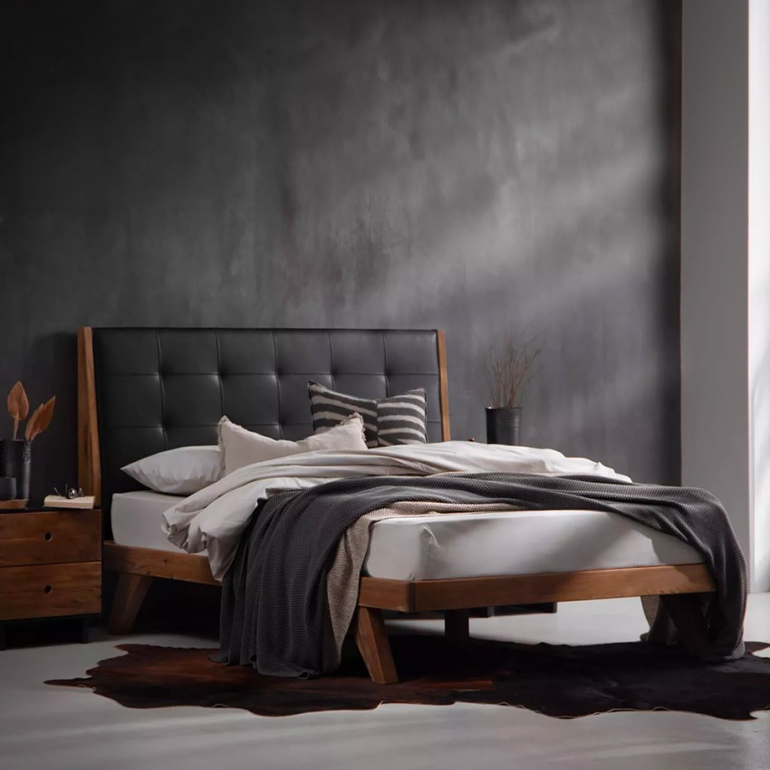 Cama de casal em madeira 180x200cm king size cabeceira em couro sintético Kate Promoção
