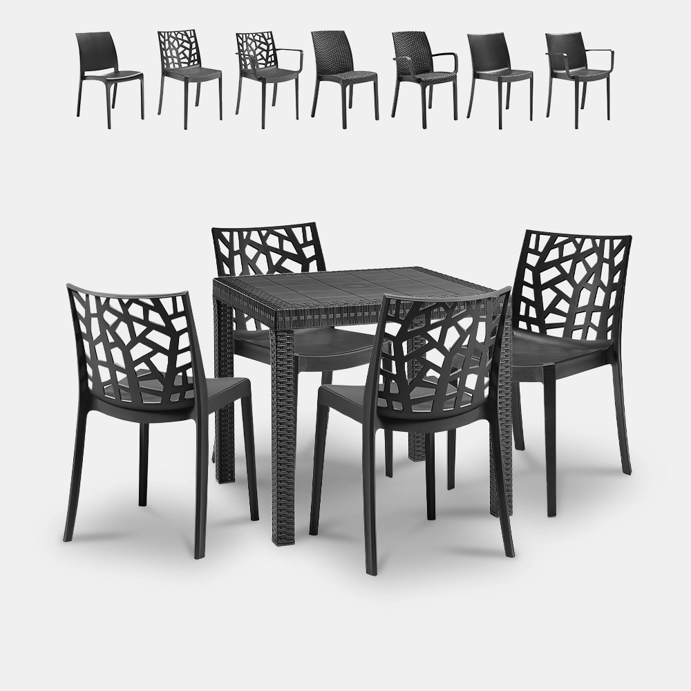 Conjunto de jardim: mesa quadrada 80x80cm rattan 4 cadeiras preto Nisida Dark
