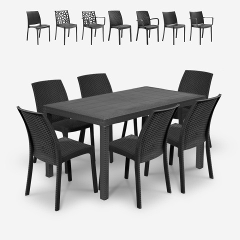 Conjunto de jardim mesa rattan 150x90cm 6 cadeiras exterior preto Meloria Dark. Promoção