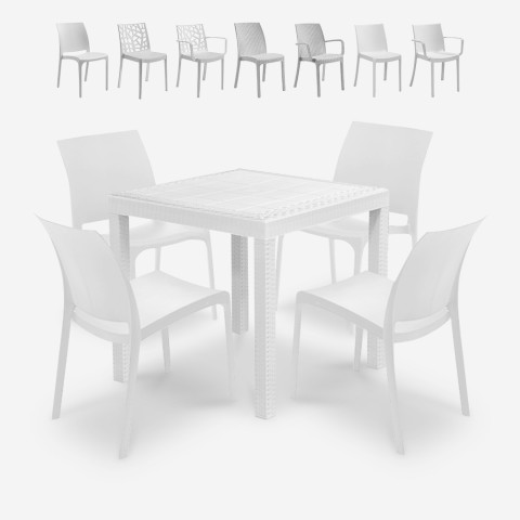Conjunto mesa jardim exterior 80x80cm vime 4 cadeiras branco Nisida Light Promoção