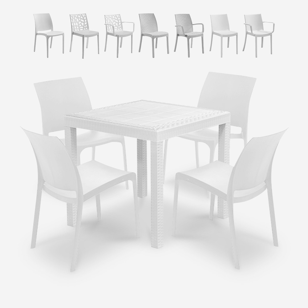 Conjunto mesa jardim exterior 80x80cm rattan 4 cadeiras branco Nisida Light