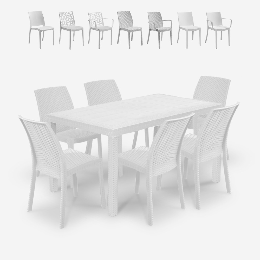 Conjunto mesa exterior jardim rattan 150x90cm 6 cadeiras branco Meloria Light